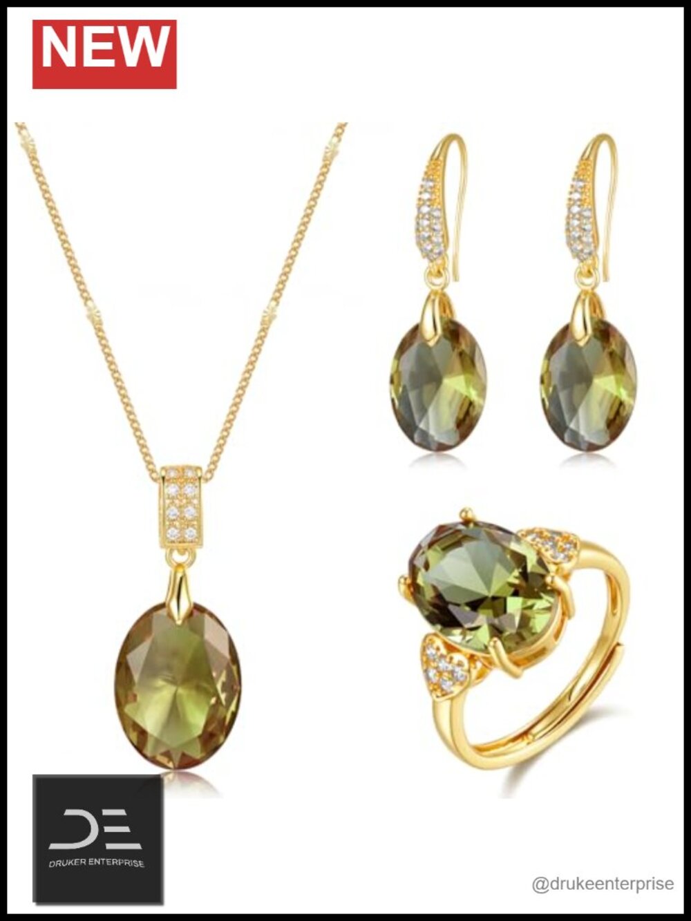 Gold Plated Crystal 3-Piece Jewelry Set Necklace Earrings Ring